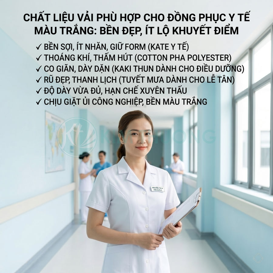 Nữ y tá mặc đồng phục y tế màu trắng cầm bảng hồ sơ đứng trong hành lang bệnh viện sáng sủa