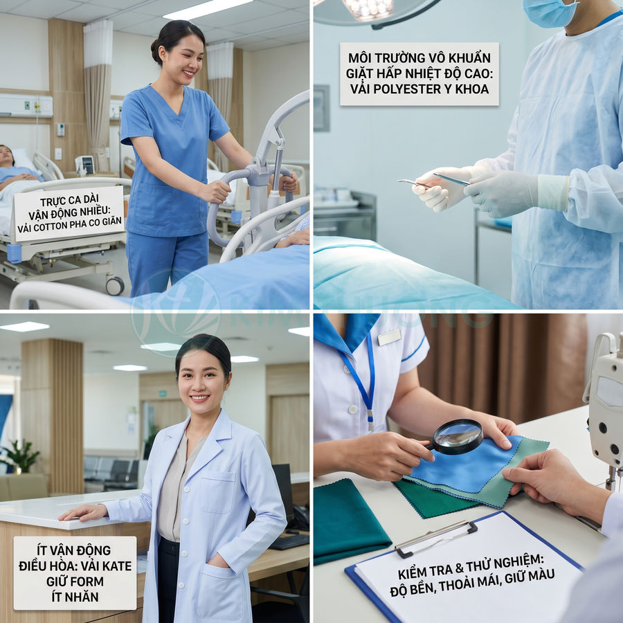 Đồng phục y tá bác sĩ với nhiều loại vải cotton, polyester, kate được kiểm tra độ bền và thoải mái trong bệnh viện