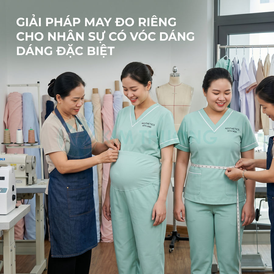 Thợ may đo size đồng phục y tế màu xanh cho nhân viên nữ mang thai và nhân viên có vóc dáng đặc biệt