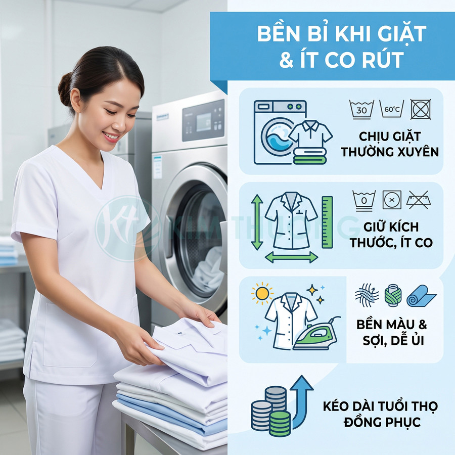 Đồng phục y tá màu trắng bền khi giặt, ít co rút, giữ form, dễ ủi và kéo dài tuổi thọ sử dụng