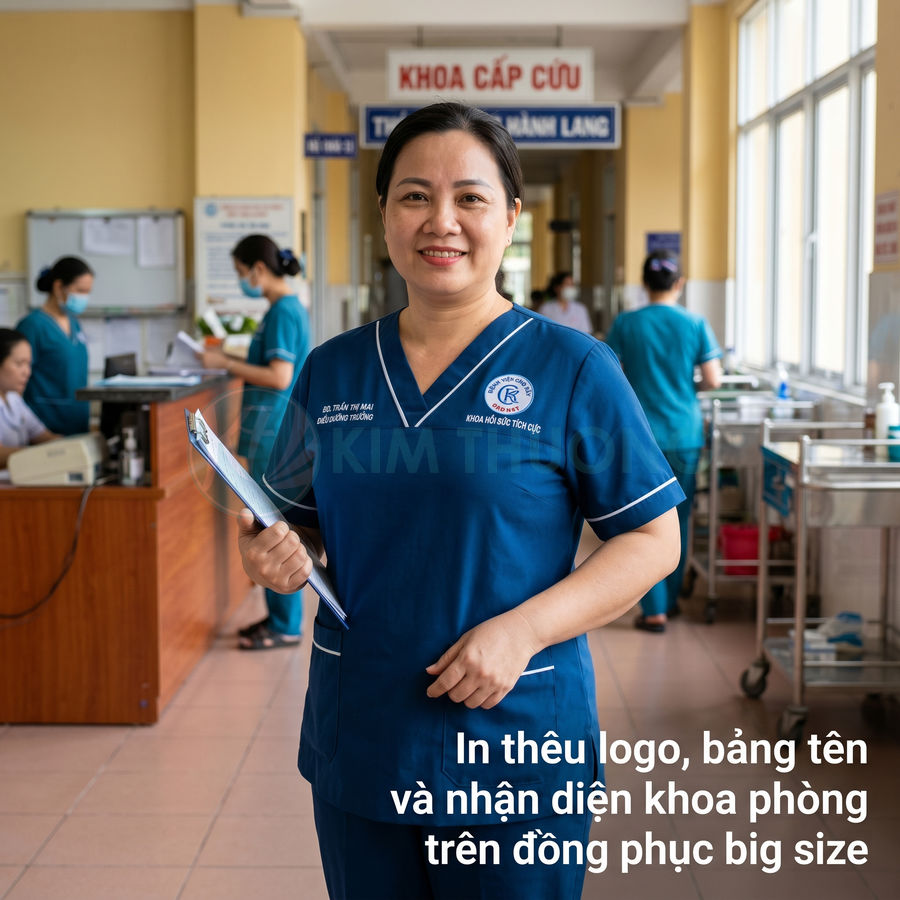 Nữ điều dưỡng mặc đồng phục y tế big size màu xanh in thêu logo và bảng tên tại khoa cấp cứu