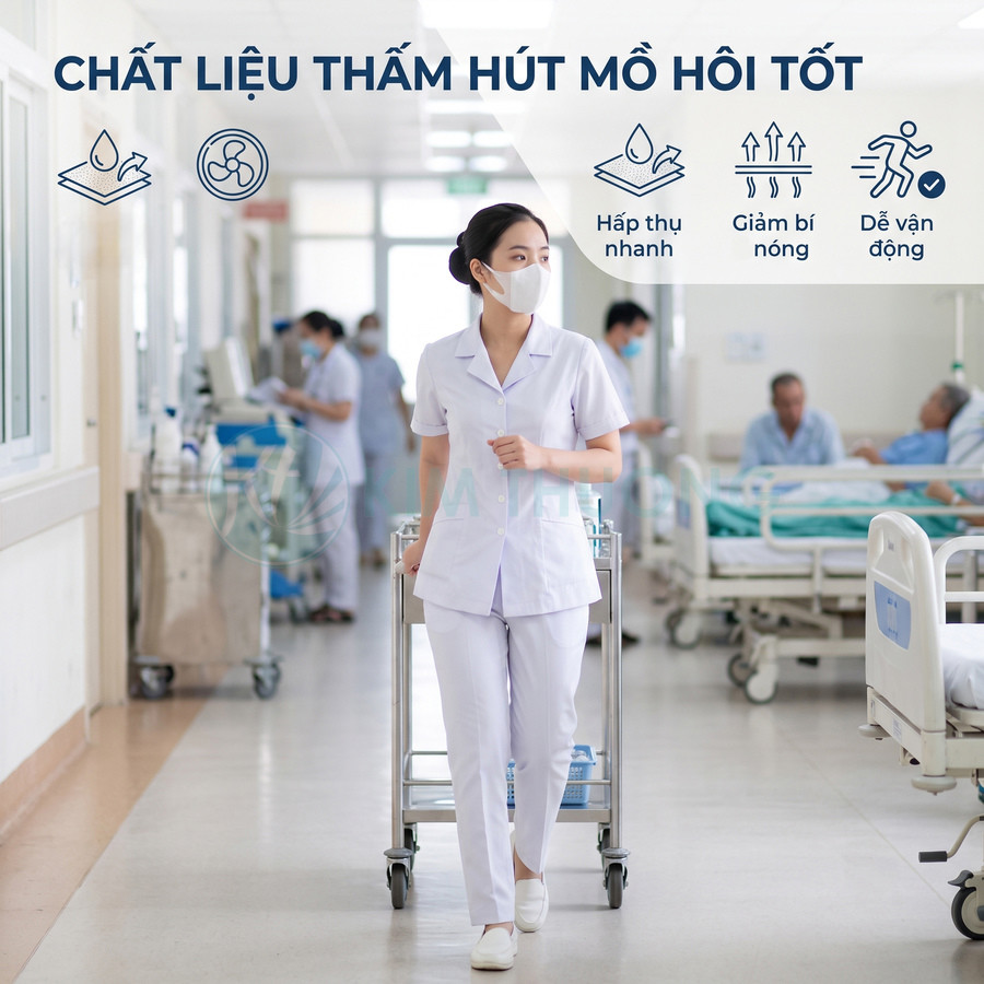Đồng phục y tá nữ màu trắng chất liệu thấm hút mồ hôi tốt, dễ vận động trong bệnh viện