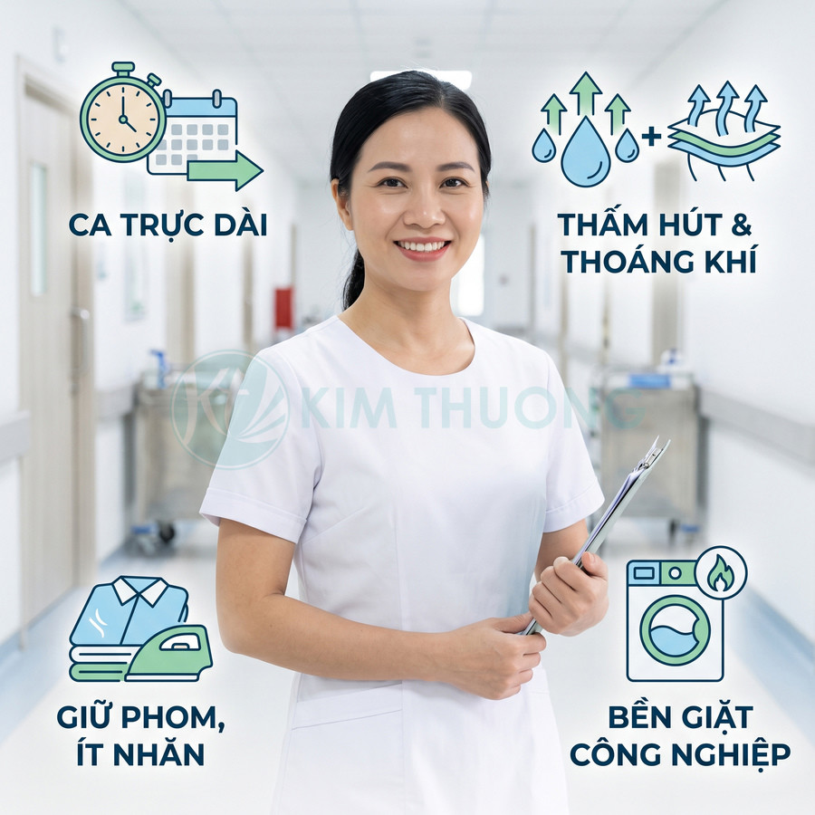Đồng phục y tá Kim Thương màu trắng, thấm hút thoáng khí, giữ phom ít nhăn, bền giặt công nghiệp