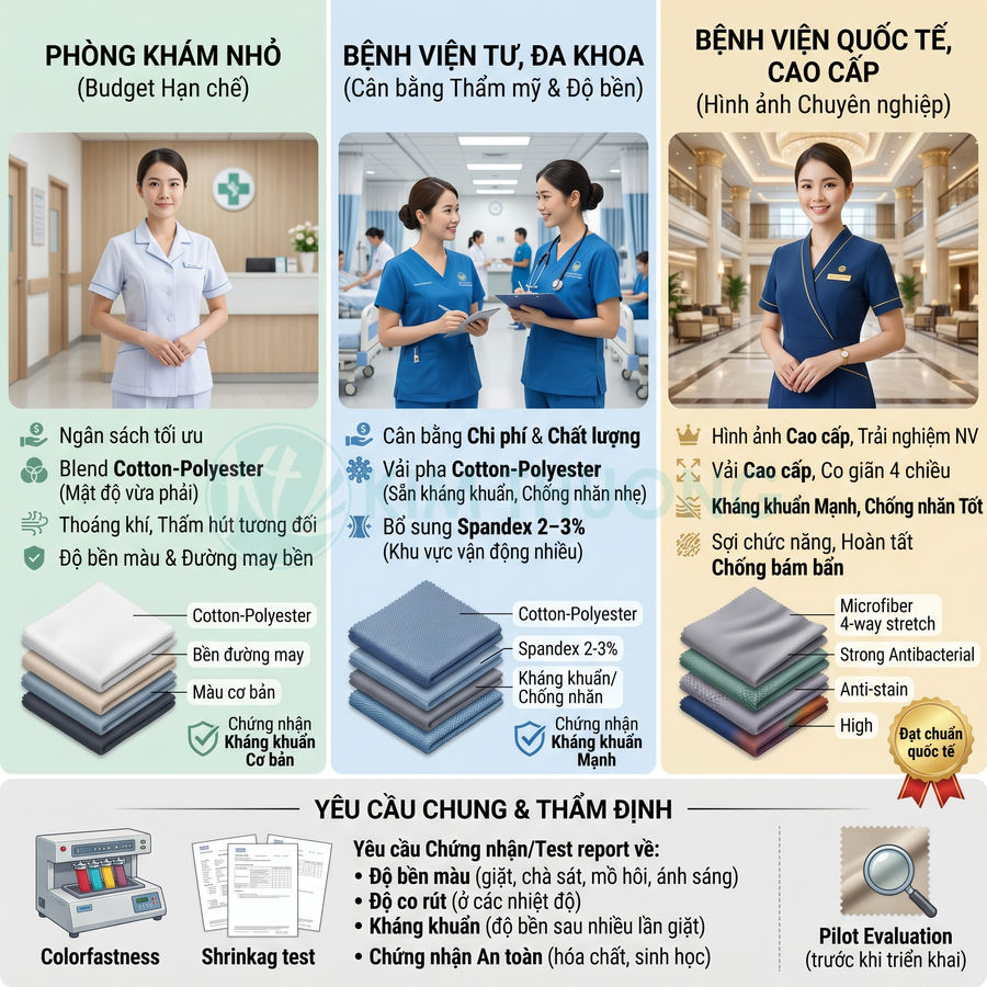So sánh đồng phục y tá cho phòng khám nhỏ, bệnh viện tư và bệnh viện quốc tế với các loại vải cotton polyester
