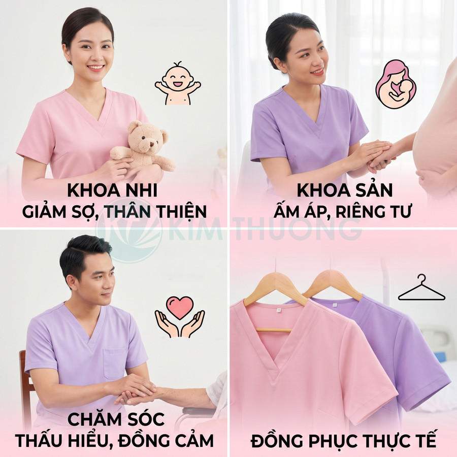 Đồng phục y tá màu hồng và tím cho khoa nhi, khoa sản, chăm sóc bệnh nhân chuyên nghiệp