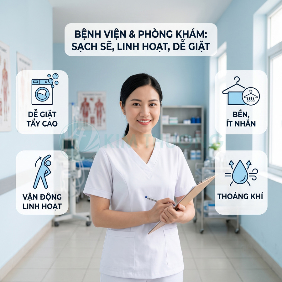 Đồng phục y tá màu trắng sạch sẽ, thoáng khí, dễ giặt, bền ít nhăn, phù hợp bệnh viện và phòng khám