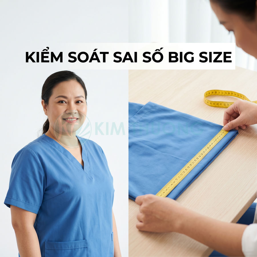Đồng phục y tá big size màu xanh dương được đo kiểm soát kích thước bằng thước dây trên bàn