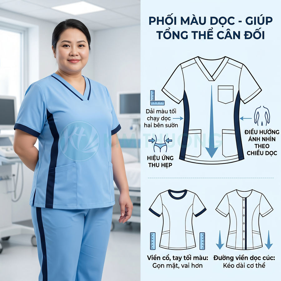 Đồng phục y tá nữ màu xanh phối sọc dọc tối màu hai bên giúp thân hình trông thon gọn cân đối