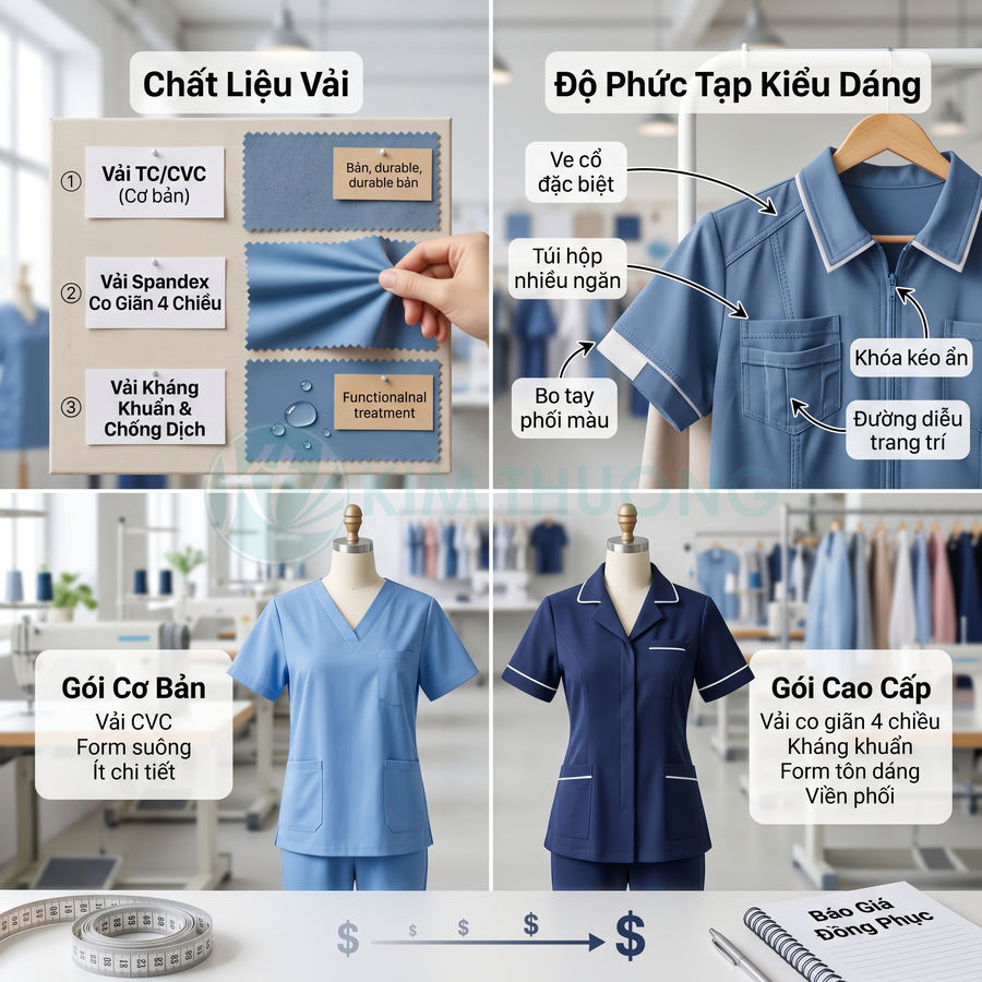 So sánh chất liệu và kiểu dáng đồng phục y tế gói cơ bản và gói cao cấp trong xưởng may