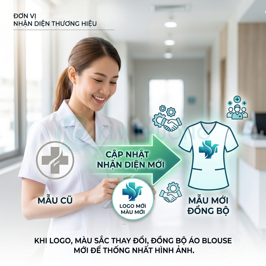 Nữ nhân viên y tế mặc áo blouse trắng giới thiệu mẫu áo blouse mới với logo thương hiệu màu xanh