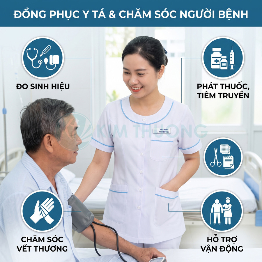 Đồng phục y tá màu trắng tay ngắn, cổ tròn viền xanh, túi trước ngực và hai túi hông tiện dụng