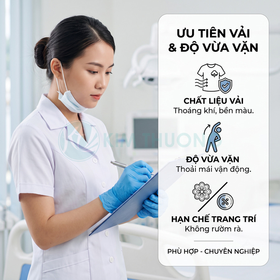 Nữ y tá mặc đồng phục blouse trắng, đeo găng tay y tế xanh đang ghi chép trên bảng kẹp trong bệnh viện