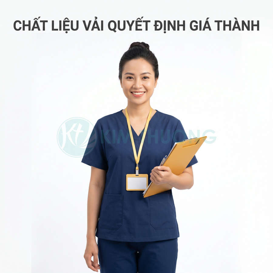 Đồng phục y tá màu xanh navy tay ngắn, cổ tim, kèm bảng tên và kẹp hồ sơ màu vàng