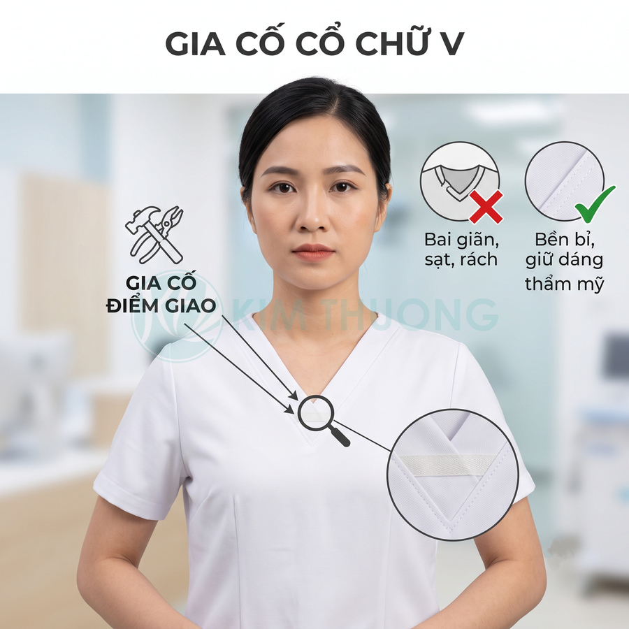 Đồng phục y tá cổ chữ V màu trắng có gia cố điểm giao cổ áo chắc chắn, giữ form bền đẹp