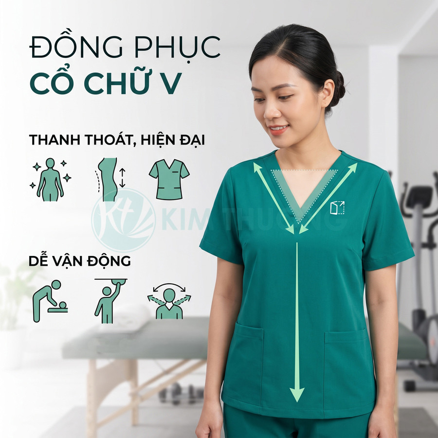 Nữ nhân viên y tế mặc đồng phục màu xanh cổ chữ V hiện đại, chất liệu thoải mái dễ vận động