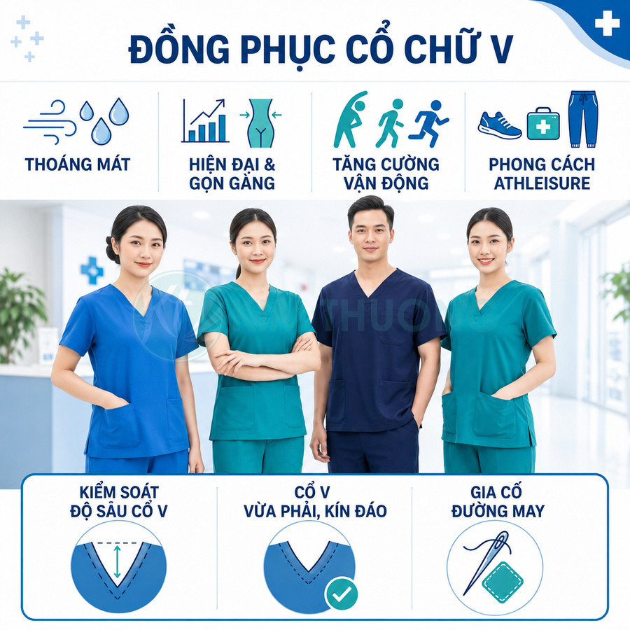 Đồng phục y tá cổ chữ V màu xanh, thiết kế thoáng mát hiện đại, tôn dáng và dễ vận động trong bệnh viện