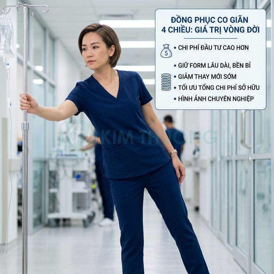 Nữ y tá mặc đồng phục y tế màu xanh navy co giãn 4 chiều đang điều chỉnh cây truyền dịch trong bệnh viện