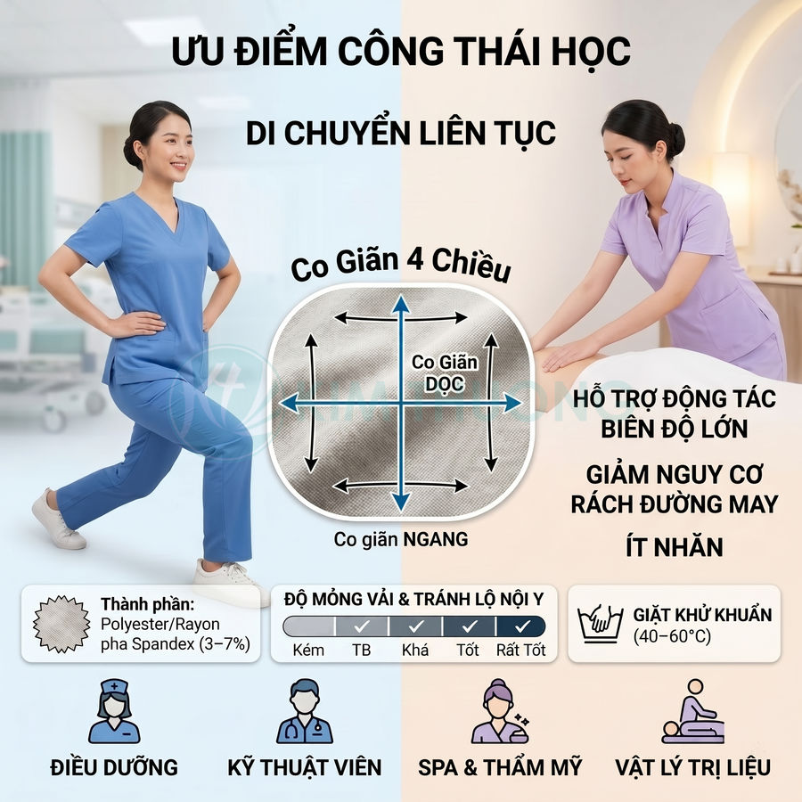 Đồng phục y tế co giãn 4 chiều cho điều dưỡng kỹ thuật viên spa và vật lý trị liệu màu xanh tím nhạt
