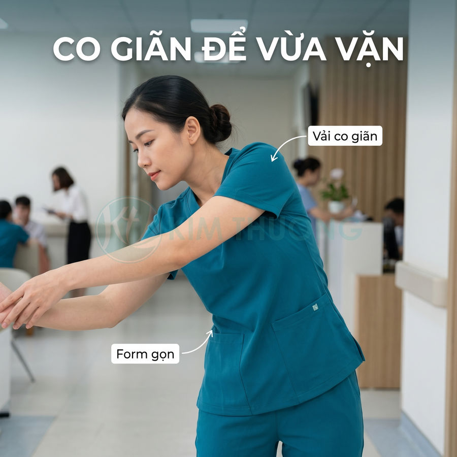 Đồng phục y tá nữ màu xanh cổ tim, vải co giãn form gọn ôm vừa vặn trong bệnh viện