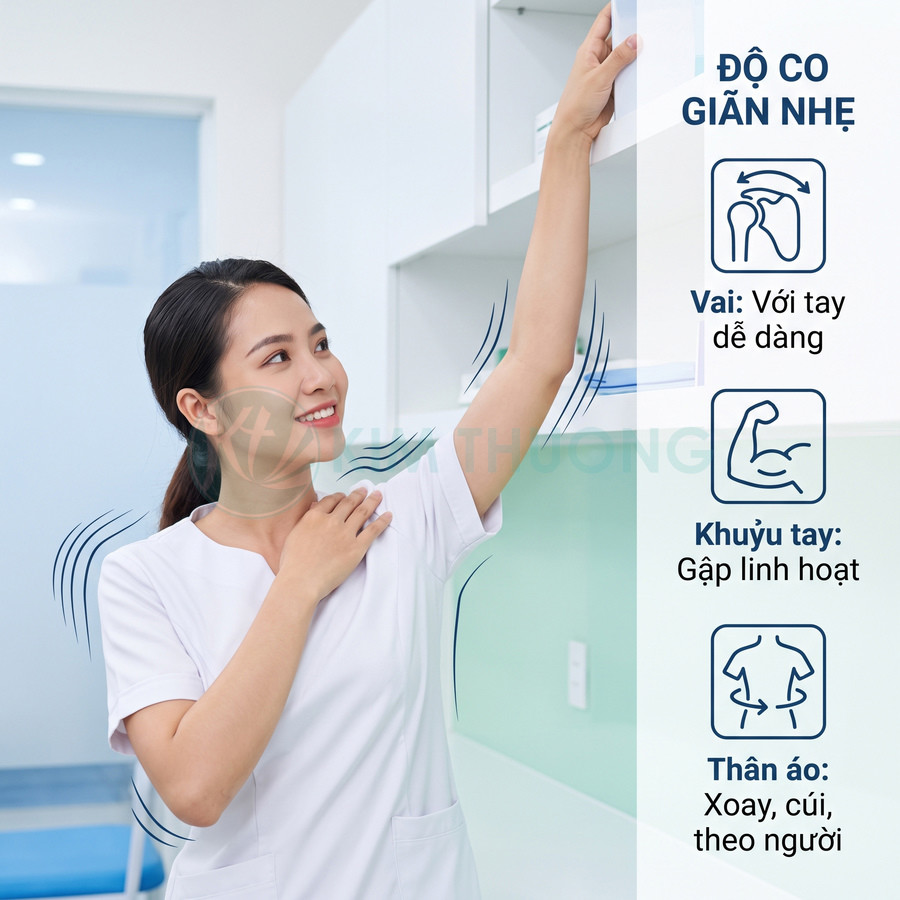Đồng phục y tá nữ màu trắng co giãn tốt, giúp cử động vai khuỷu tay thân áo linh hoạt khi làm việc