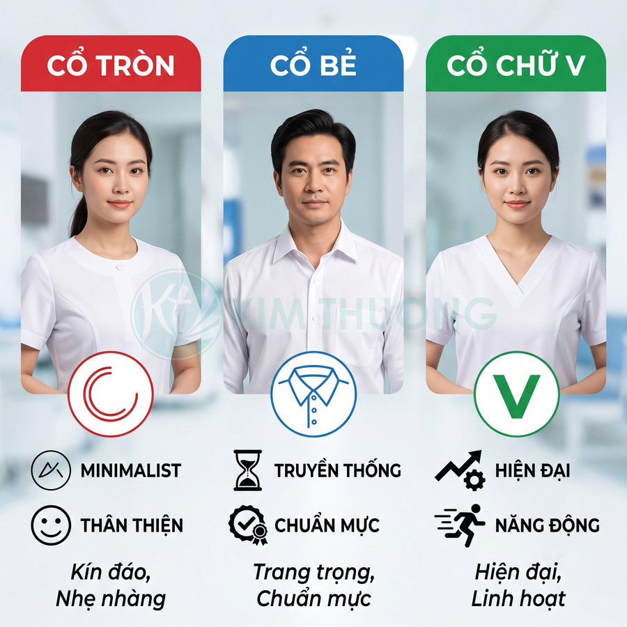 Ba mẫu đồng phục y tế cổ tròn, cổ bẻ và cổ chữ V màu trắng cho nhân viên bệnh viện