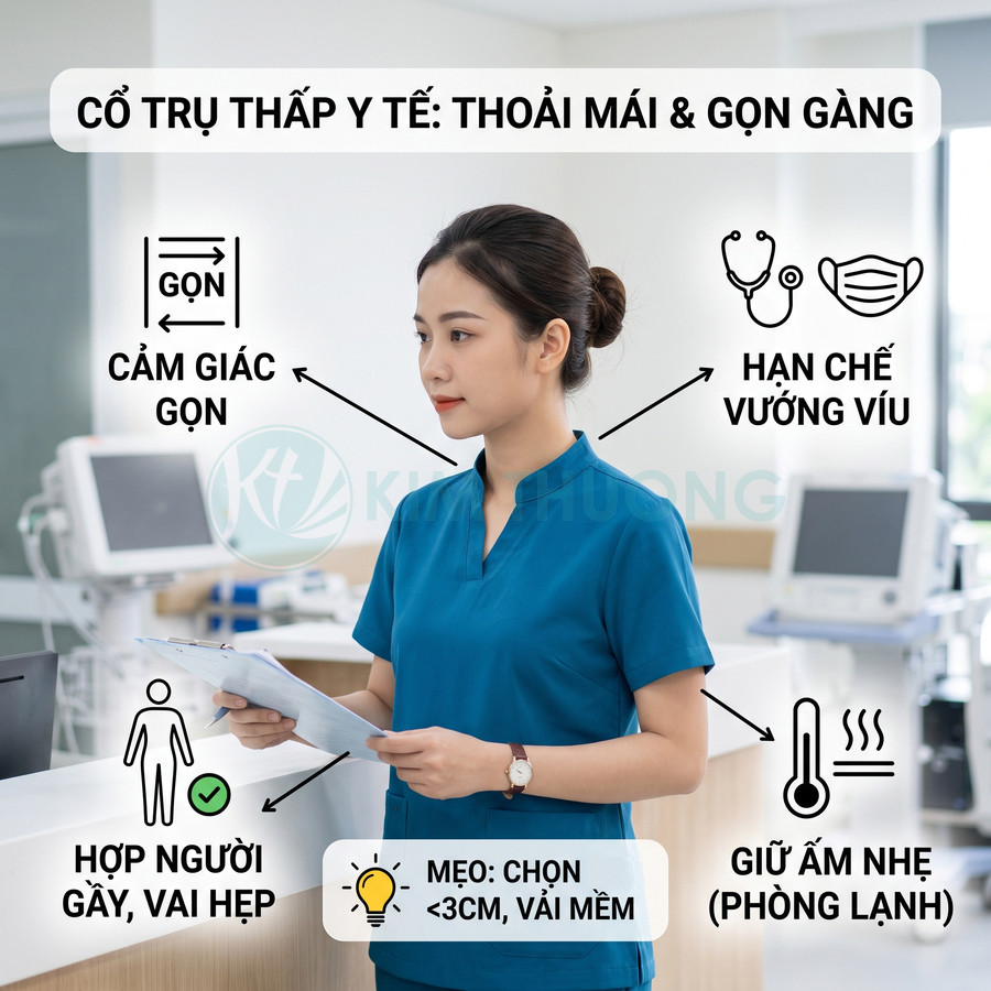 Đồng phục y tá cổ trụ thấp màu xanh dương, chất vải mềm gọn gàng, phù hợp môi trường bệnh viện