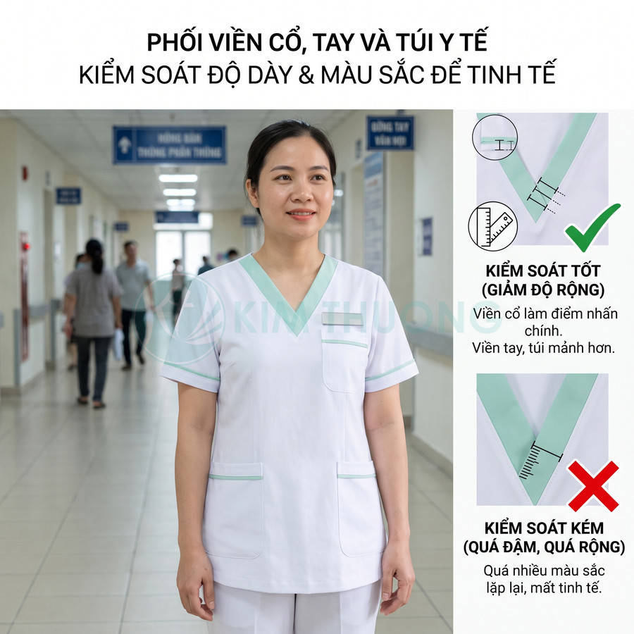 Đồng phục y tá nữ màu trắng viền xanh mint cổ tim tay ngắn, nhiều túi tiện dụng trong bệnh viện