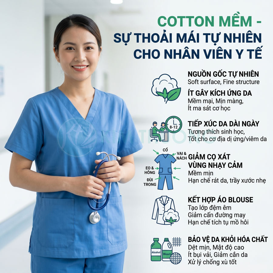 Nữ nhân viên y tế mặc đồng phục scrub cotton màu xanh cầm ống nghe, giới thiệu ưu điểm vải cotton mềm mại