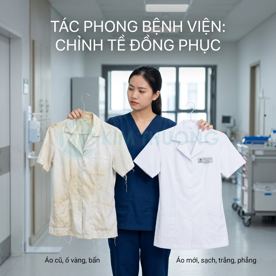 Nữ nhân viên y tế cầm áo blouse cũ ố vàng và áo blouse trắng mới sạch trong hành lang bệnh viện
