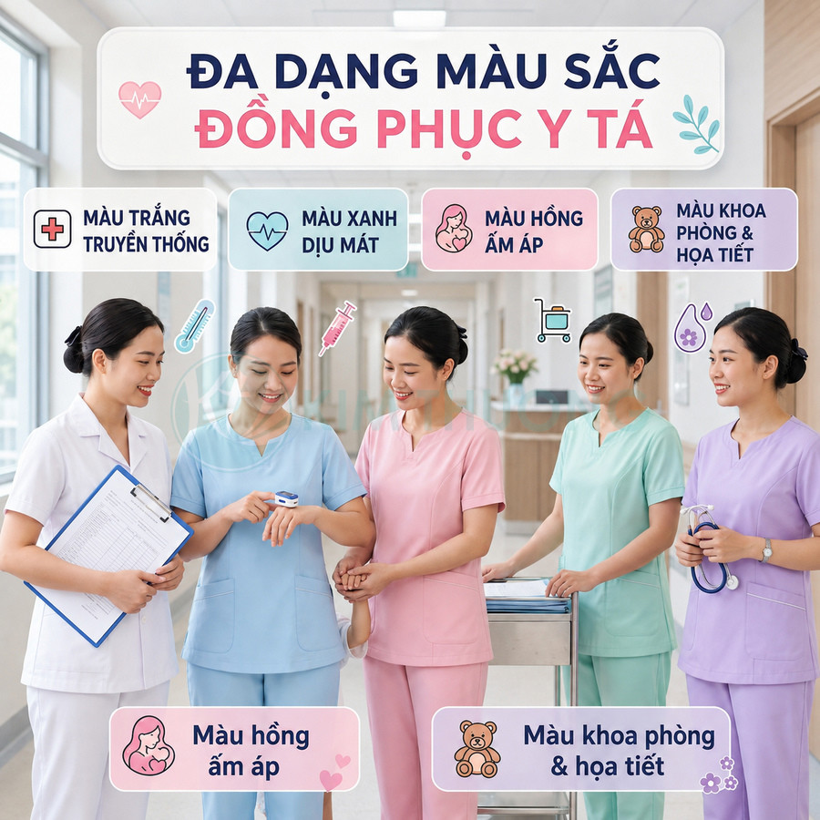 Nhóm y tá mặc đồng phục y tế nhiều màu sắc trắng xanh hồng tím đứng trong hành lang bệnh viện