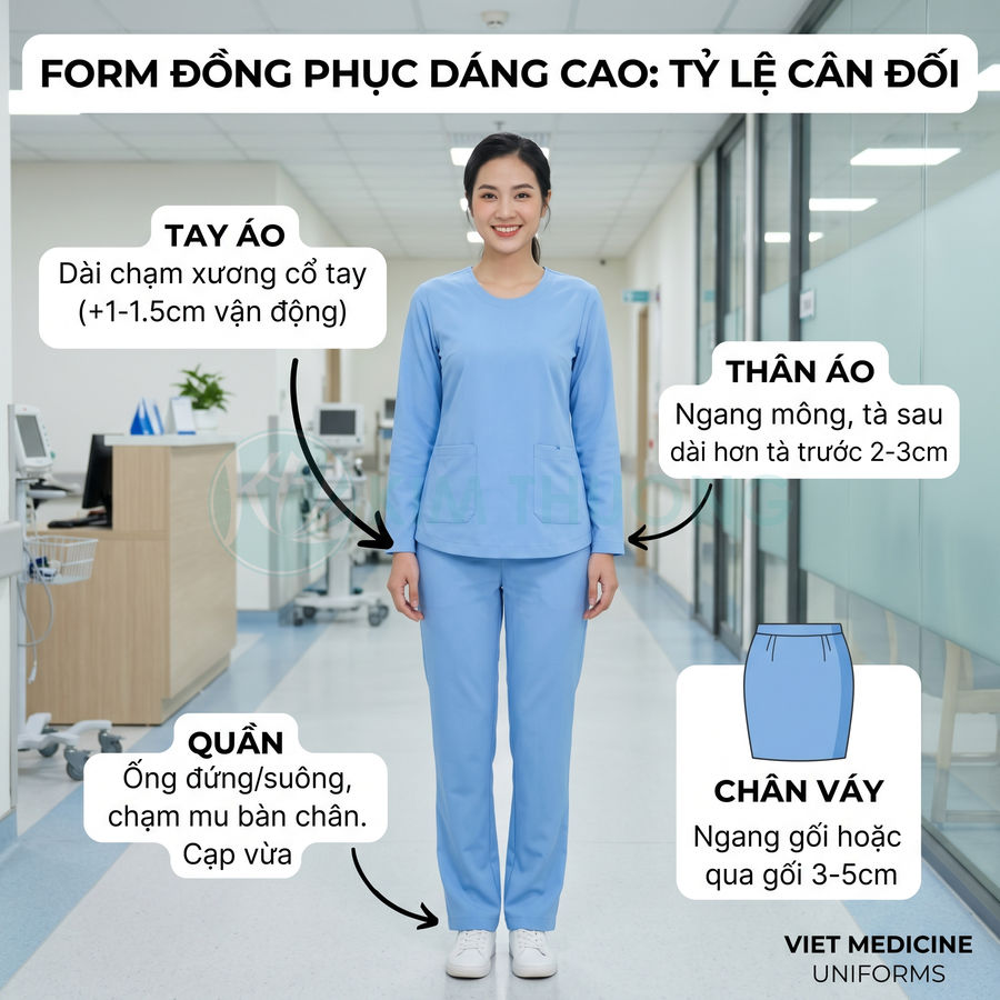 Nữ nhân viên y tế mặc đồng phục bệnh viện màu xanh dương dáng cao của Viet Medicine Uniforms