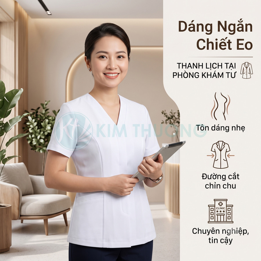 Đồng phục y tá nữ dáng ngắn chiết eo màu trắng thanh lịch tại phòng khám tư