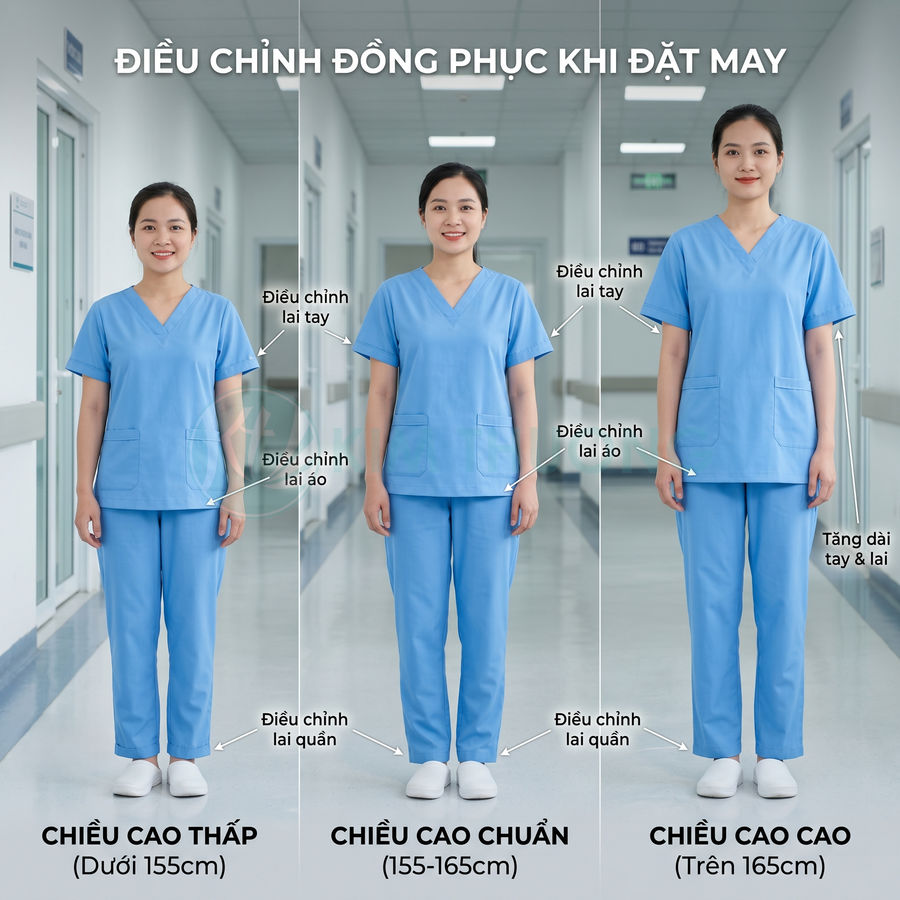 Ba nữ nhân viên y tế mặc đồng phục scrub xanh dương, so sánh điều chỉnh size theo chiều cao