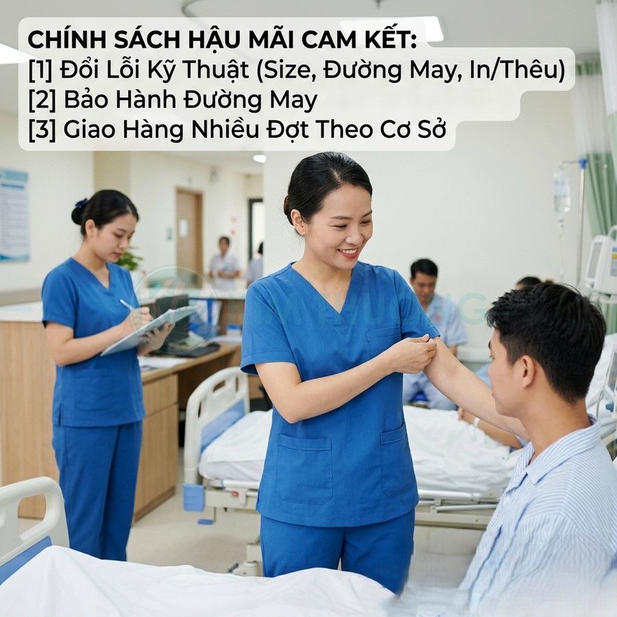 Đồng phục y tá màu xanh dương hiện đại trong bệnh viện, chất liệu thoải mái, phù hợp nhân viên y tế chăm sóc bệnh nhân