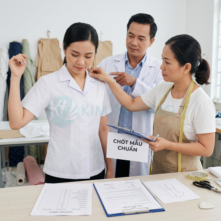 Nhân viên may đo kiểm tra form áo sơ mi đồng phục trắng trên người mẫu nữ trong xưởng may