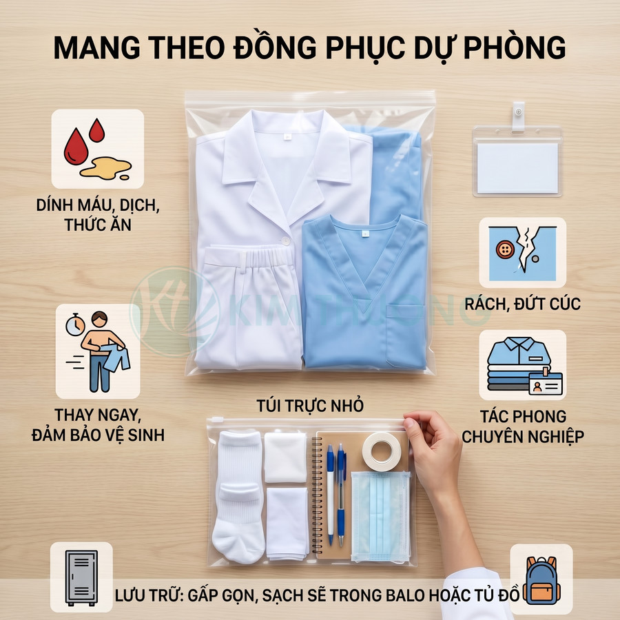Bộ đồng phục y tá dự phòng màu trắng xanh gấp gọn trong túi zip kèm tất khẩu trang và sổ bút