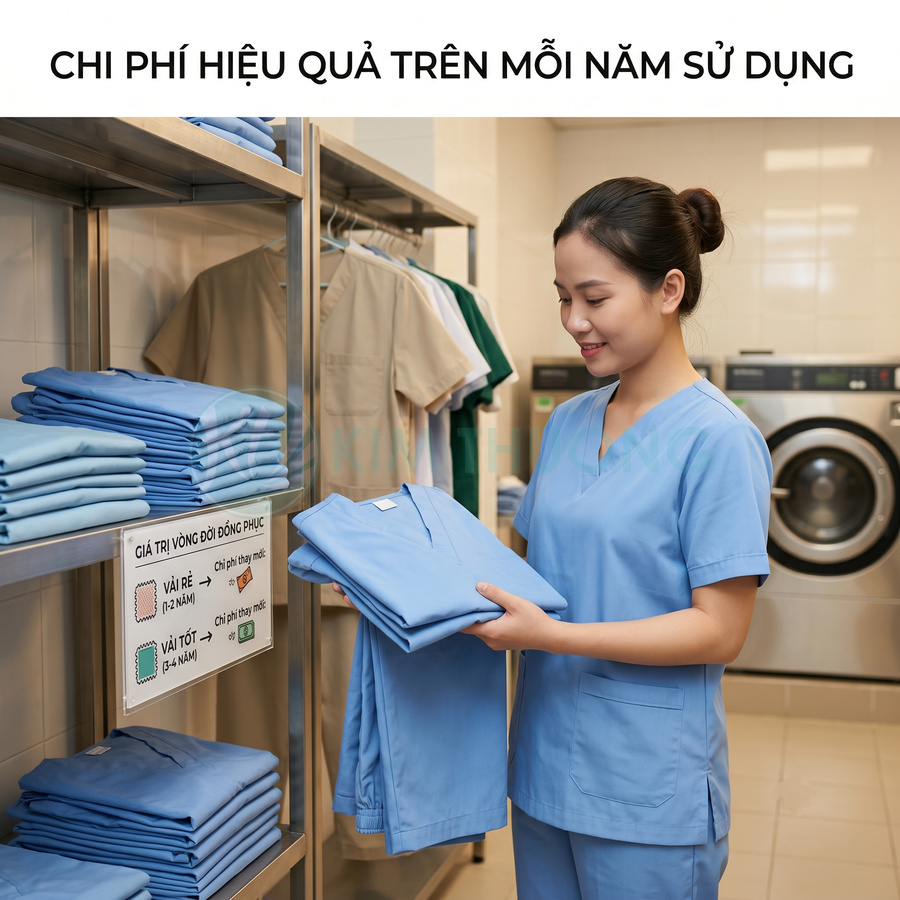 Nhân viên y tế mặc đồng phục màu xanh đang gấp và sắp xếp bộ đồ scrub bệnh viện trong phòng giặt