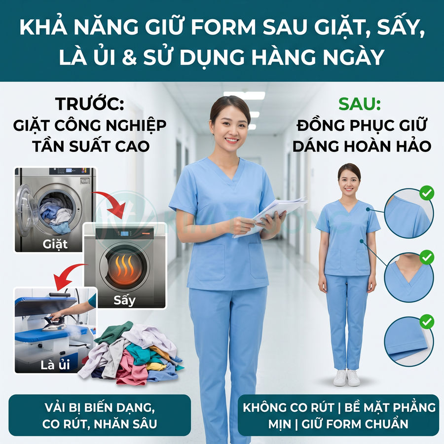 Đồng phục y tá màu xanh dương giữ form đẹp sau giặt sấy là ủi, không co rút nhăn, bề mặt phẳng mịn
