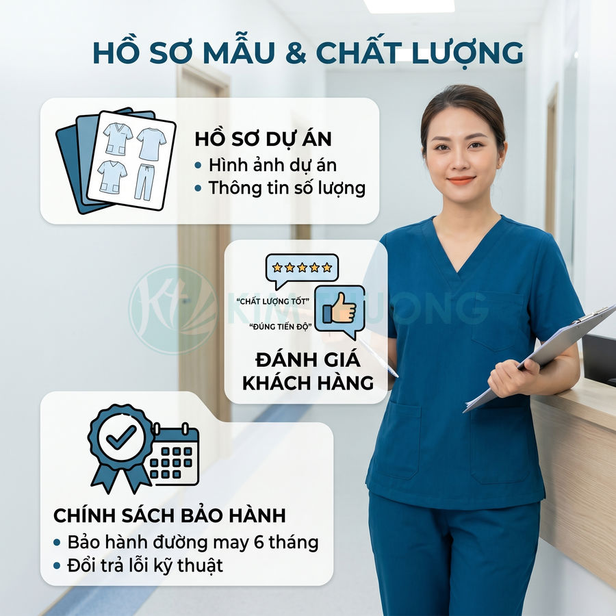 Nữ nhân viên y tế mặc đồng phục scrub xanh dương cầm clipboard giới thiệu hồ sơ mẫu và chính sách bảo hành
