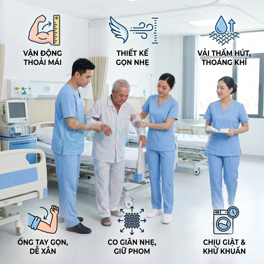 Đồng phục y tá màu xanh hỗ trợ bệnh nhân cao tuổi tập đi trong phòng bệnh viện hiện đại
