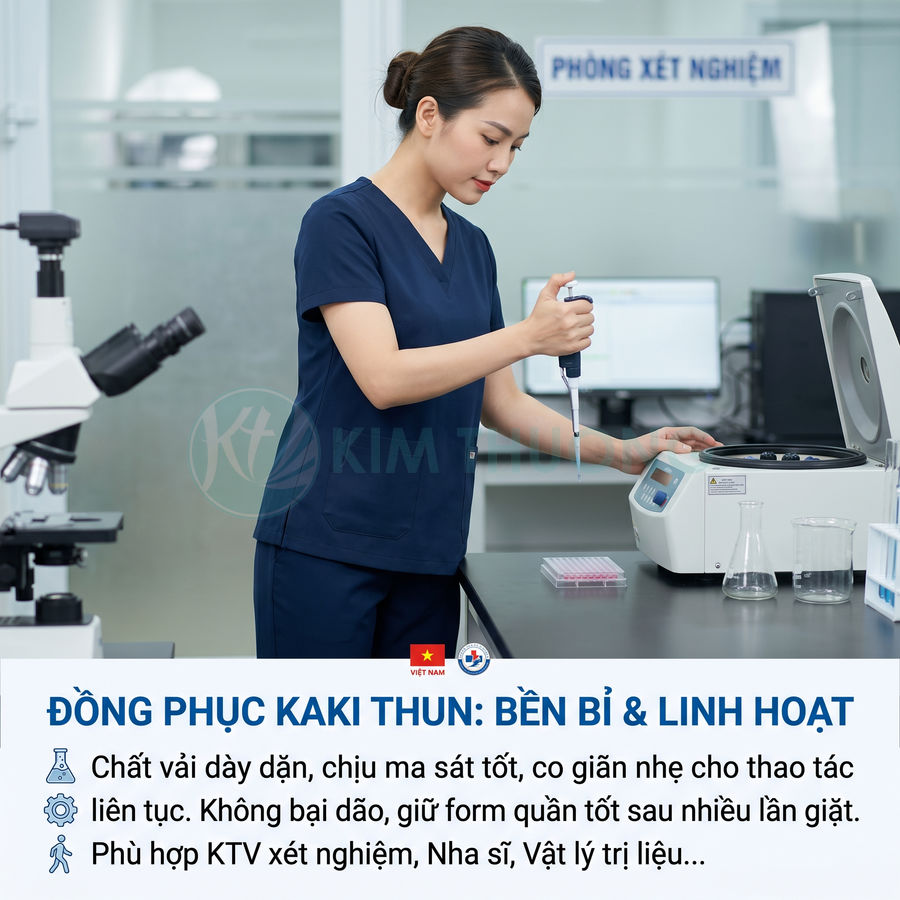 Đồng phục y tế kaki thun màu xanh navy cho kỹ thuật viên xét nghiệm trong phòng lab