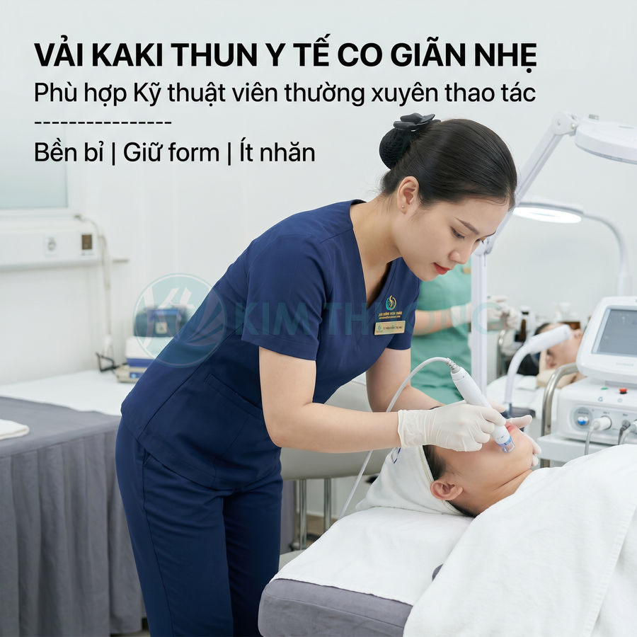 Đồng phục y tế vải kaki thun co giãn nhẹ màu xanh navy cho kỹ thuật viên spa