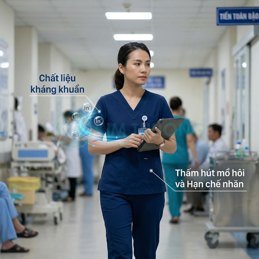 Đồng phục y tá màu xanh navy chất liệu kháng khuẩn, thấm hút mồ hôi, hạn chế nhăn trong bệnh viện