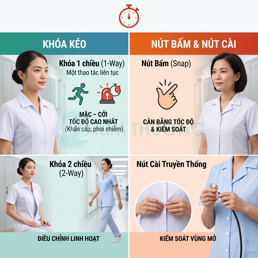 Đồng phục y tá nữ màu trắng với thiết kế khóa kéo và nút cài, so sánh ưu điểm từng loại khóa