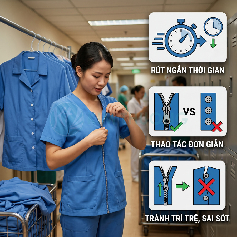 Đồng phục y tá màu xanh dương khóa kéo tiện lợi, dễ mặc, giúp rút ngắn thời gian và hạn chế sai sót