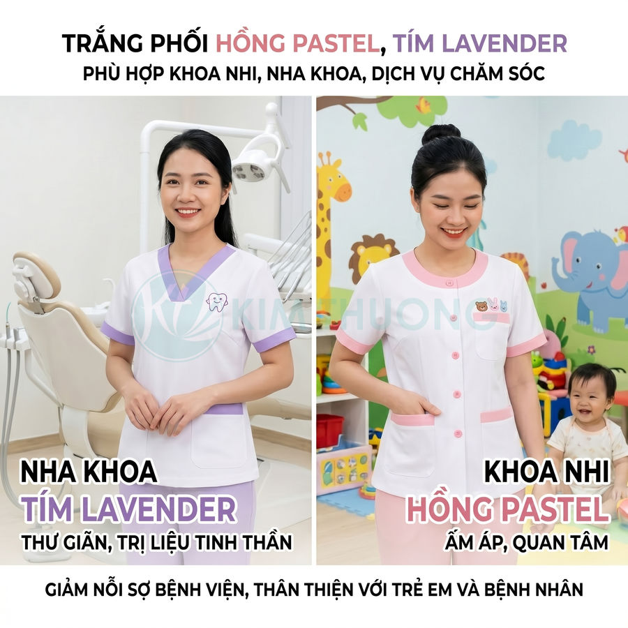 Đồng phục y tá màu trắng phối hồng pastel và tím lavender cho khoa nhi và nha khoa