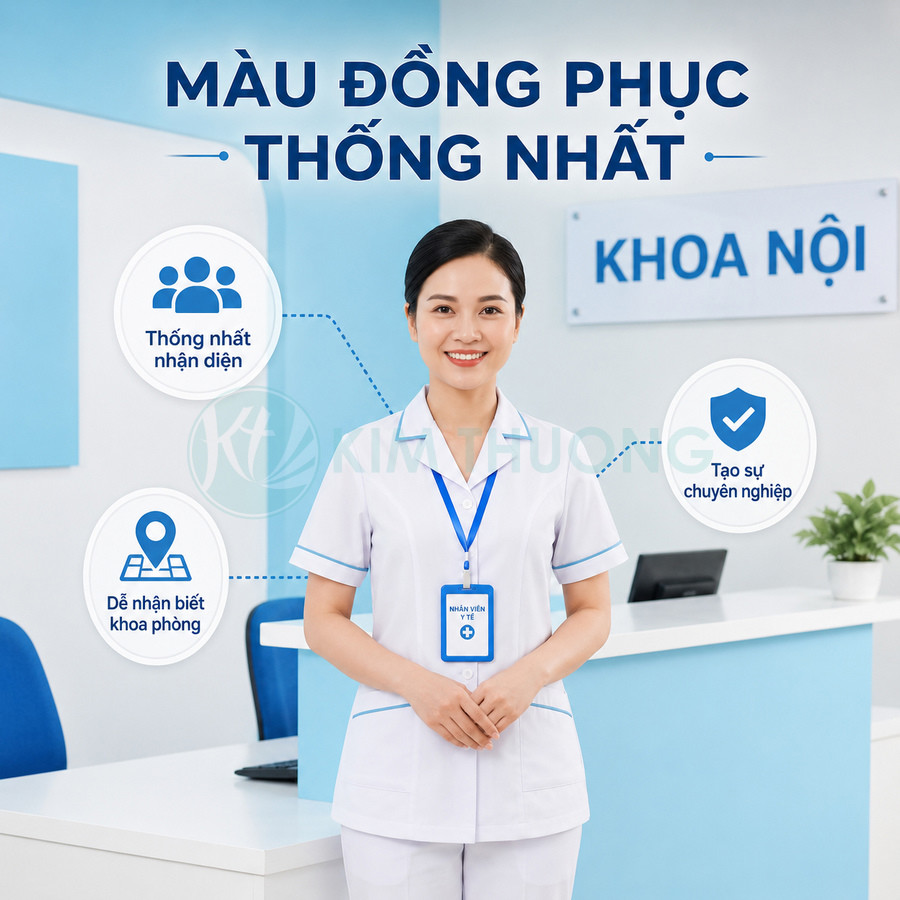 Nữ nhân viên y tế mặc đồng phục trắng xanh đứng tại quầy tiếp đón khoa nội bệnh viện