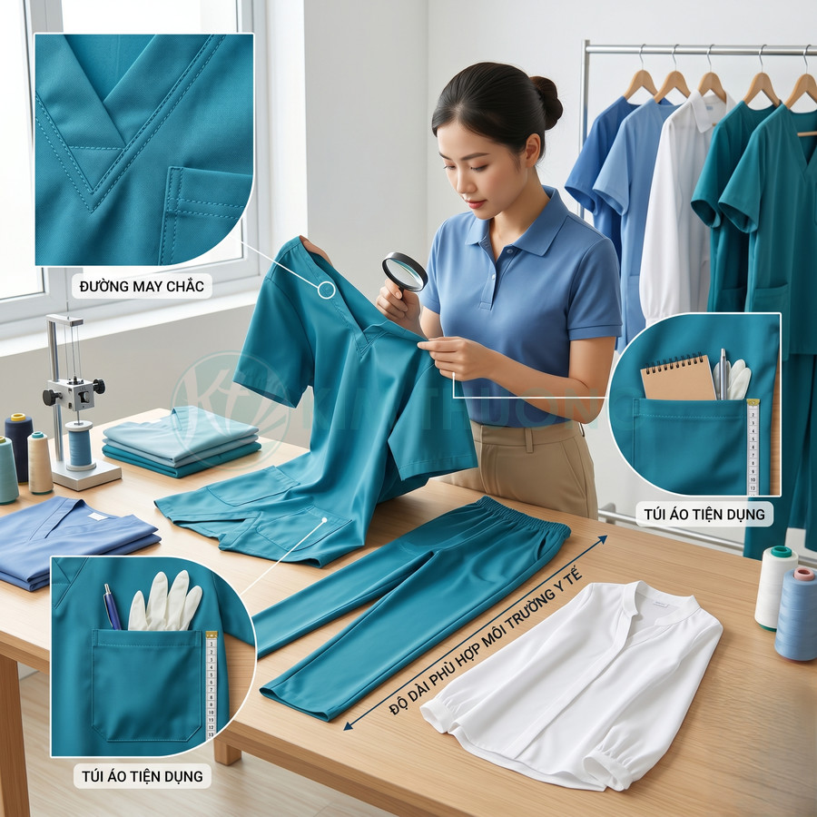 Nhân viên kiểm tra bộ đồng phục y tế màu xanh với đường may chắc chắn và túi áo tiện dụng trên bàn may