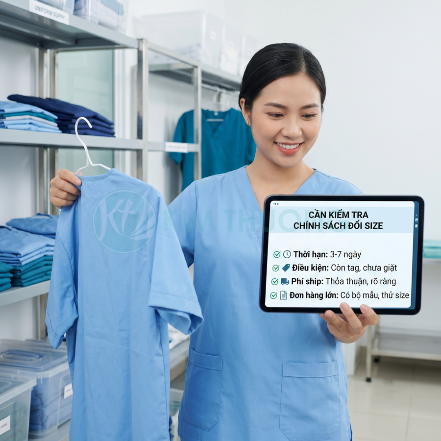Nhân viên y tế cầm bộ đồng phục màu xanh và máy tính bảng hiển thị chính sách đổi size sản phẩm