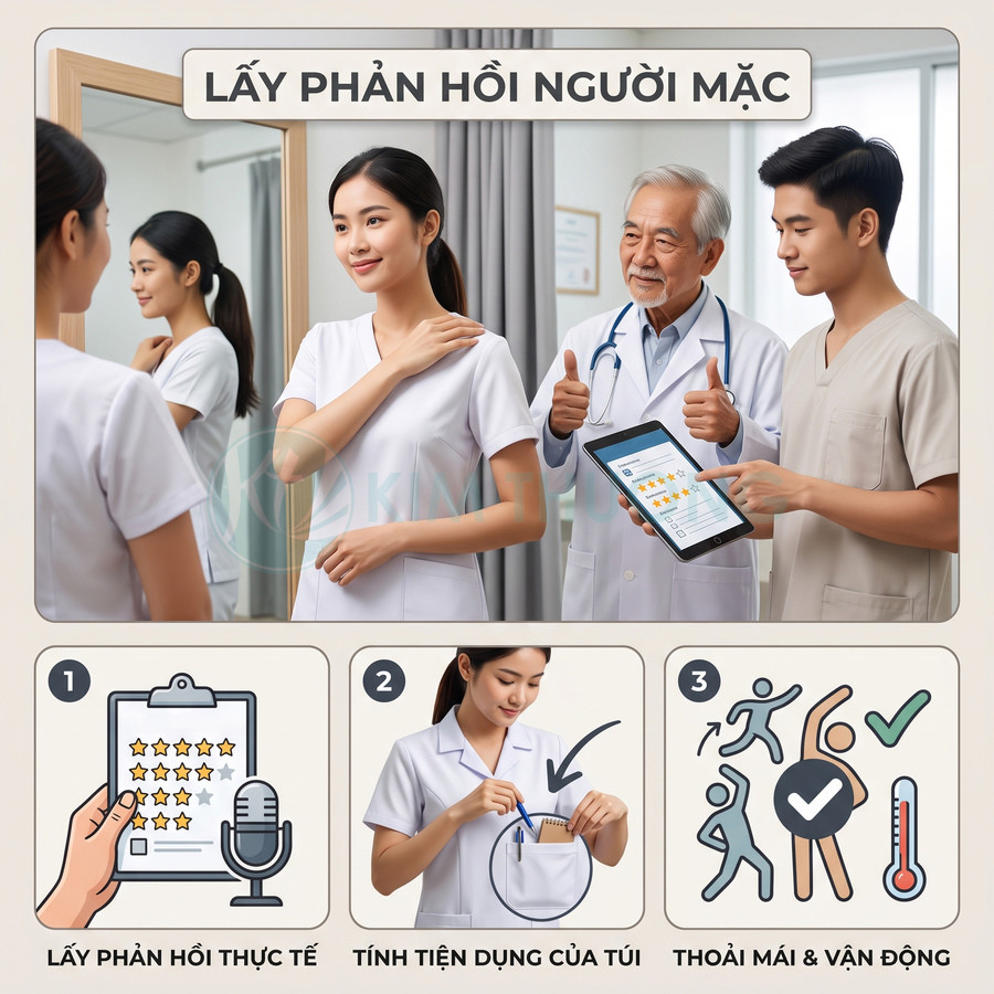 Đồng phục y tá màu trắng thiết kế túi tiện dụng, nhân viên y tế dùng thử và đánh giá mức độ thoải mái